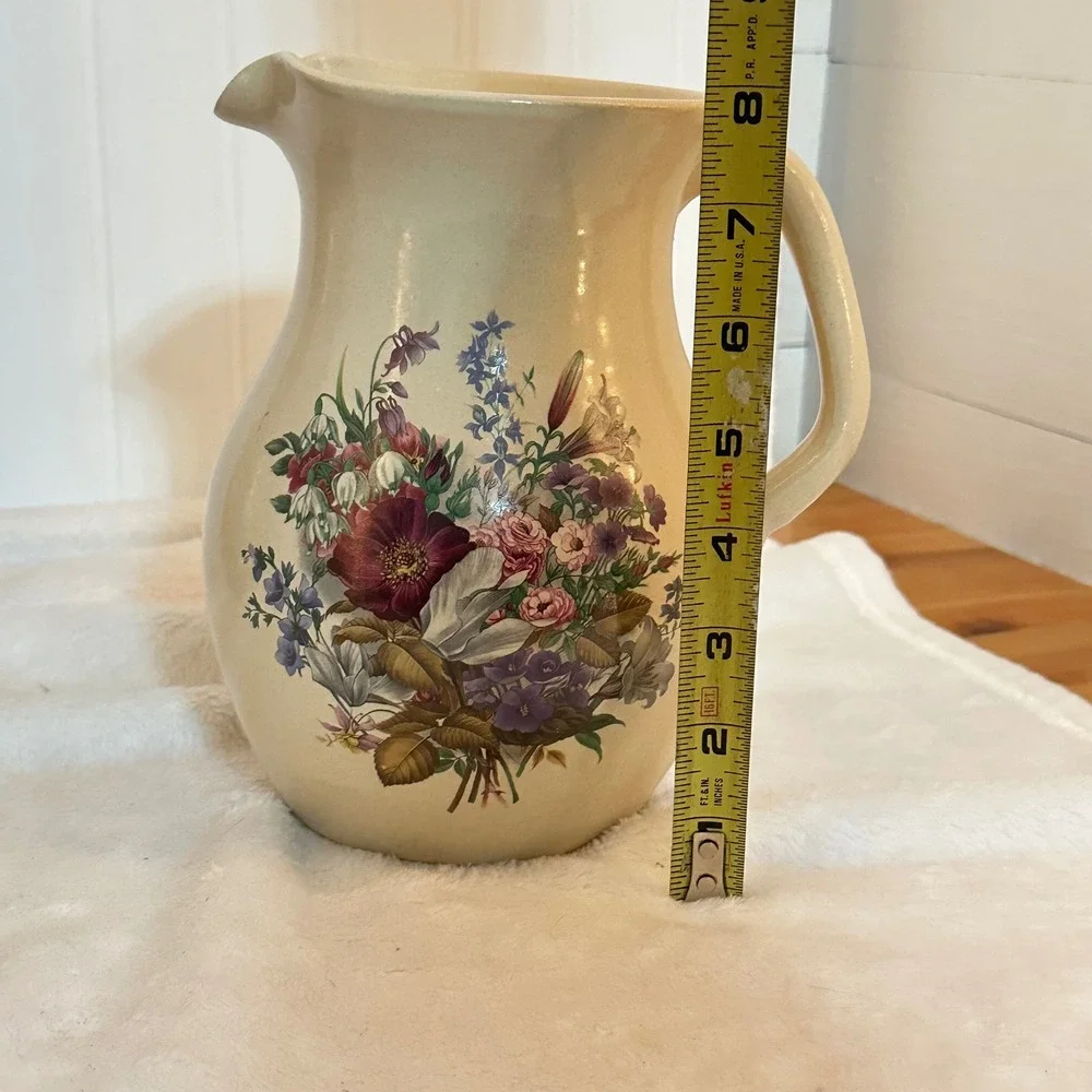 Vintage Shaker & Thangs Pottery Floral Pitcher Cream Excellent Stoneware Vase